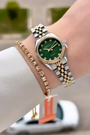 Kadranı Yeşil Kordonu Gold Gümüş Renk 24 Mm Tam Çelik Paslanmaz Kadın Kol Saati ve Bileklik
