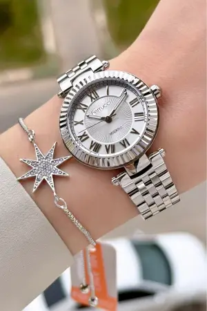 Gümüş Renk 35 Mm Hediye Paketli Kadın Kol Saati ve Bileklik