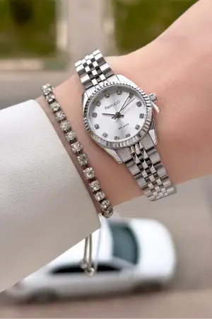 Gümüş Renk 24 Mm Tam Çelik Paslanmaz Kadın Kol Saati ve Bileklik
