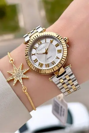 Gold Gümüş Renk 35 Mm Hediye Paketli Kadın Kol Saati ve Bileklik