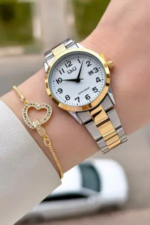 Gold Gümüş Renk 30 Mm Rakamlı Kadın Kol Saati ve Hediye Bileklik