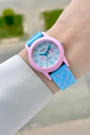Pembe Açık Mavi Renk 30 Mm Kedi Figürlü Su Geçirmez Rakamlı Çoçuk Kol Saati