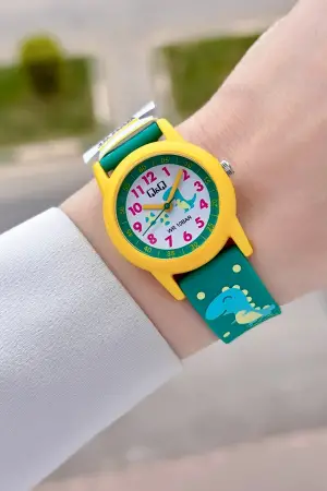 Sarı Yeşil Renk 32 Mm Dinazor Figürlü Su Geçirmez Rakamlı Çoçuk Kol Saati