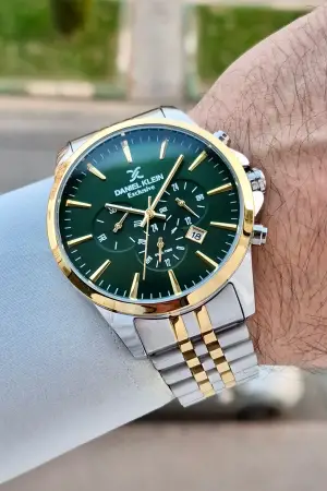 Kadranı Yeşil Kordonu Gold Gümüş Renk Göstergeleri Aktif Fonksiyonlu Hediye Paketli Erkek Kol Saati