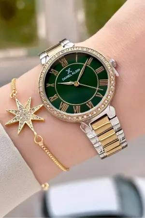 Kadranı Yeşil Kordonu Gold Gümüş Renk 35 mm Kadın Kol Saati ve Hediye Bileklik