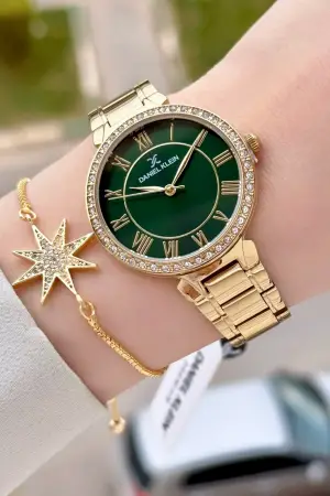 Kadranı Yeşil Kordonu Gold Renk 35 mm Kadın Kol Saati ve Hediye Bileklik