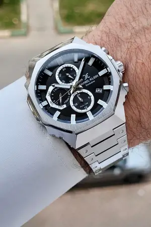 Kadranı Siyah Kordonu Gümüş Renk Hediye Paketli 45 mm Erkek Kol Saati