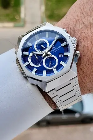 Kadranı Lacivert Kordonu Gümüş Renk Hediye Paketli 45 mm Erkek Kol Saati