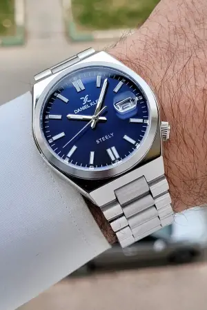 Kadranı Lacivert Kordonu Gümüş Renk 40 mm Kristal Cam Çelik Metaryel Erkek Kol Saati