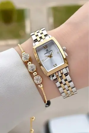 Gold Gümüş Renk 26 mm Kadın Kol Saati ve Hediye Bileklik