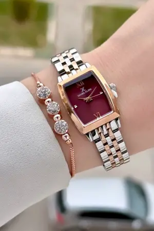 Kadranı Bordo Kordonu Rose Gümüş Renk 26 mm Kadın Kol Saati ve Hediye Bileklik