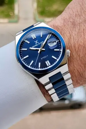 Lacivert Gümüş Renk 40 mm Kristal Cam Çelik Metaryel Erkek Kol Saati