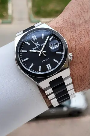 Siyah Gümüş Renk 40 mm Kristal Cam Çelik Metaryel Erkek Kol Saati