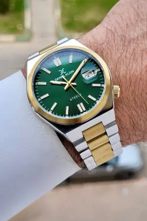 Kadranı Yeşil Kordonu Gold Gümüş Renk 40 mm Çelik Metaryel Erkek Kol Saati