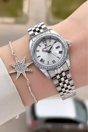 Gümüş Renk 28 mm Kristal Cam Kadın Kol Saati ve Bileklik