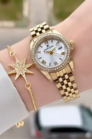 Gold Renk 28 mm Kristal Cam Kadın Kol Saati ve Bileklik