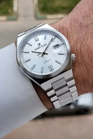 Gümüş Renk 40 mm Kristal Cam Çelik Metaryel Erkek Kol Saati