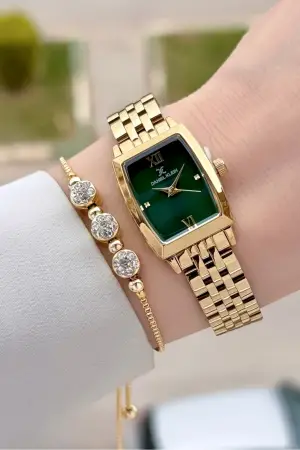 Kadranı Yeşil Kordonu Gold Renk 26 mm Kadın Kol Saati ve Hediye Bileklik