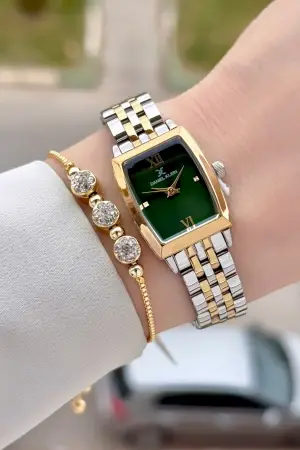 Kadranı Yeşil Kordonu Gold Gümüş Renk 26 mm Kadın Kol Saati ve Hediye Bileklik