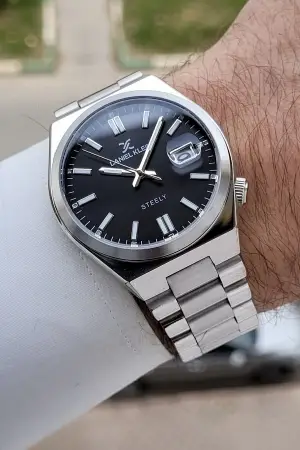 Kadranı Siyah Kordonu Gümüş Renk 40 mm Kristal Cam Çelik Metaryel Erkek Kol Saati