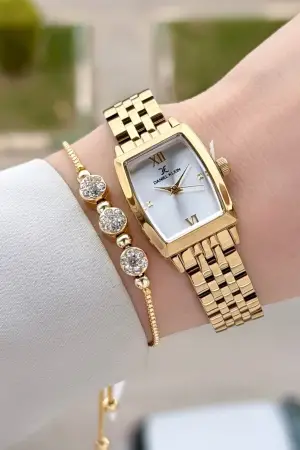 Gold Renk 26 mm Kadın Kol Saati ve Hediye Bileklik
