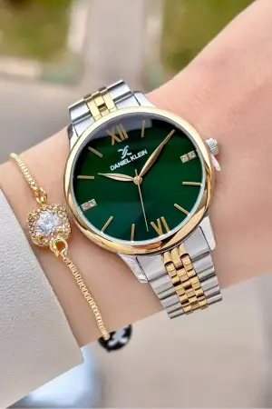 Kadranı Yeşil Kordonu Gold Gümüş Renk 35 mm Kadın Kol Saati ve Hediye Bileklik