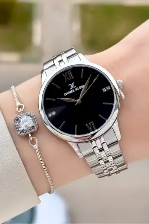 Kadranı Siyah Kordonu Gümüş Renk 35 mm Kadın Kol Saati ve Hediye Bileklik