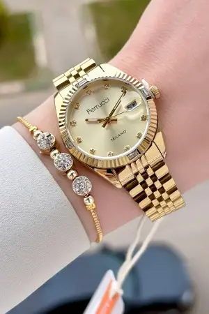 Gold Renk 32 mm Kadın Kol Saati ve Hediye Bileklik