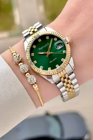 Kadranı Yeşil Kordonu Gold Gümüş Renk 32 mm Kadın Kol Saati ve Hediye Bileklik
