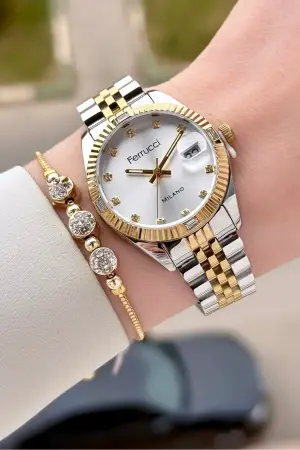 Gold Gümüş Renk 32 mm Kadın Kol Saati ve Hediye Bileklik