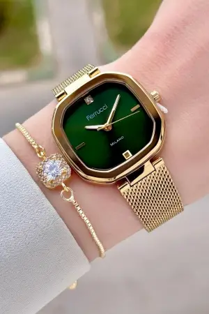 Kadranı Yeşil Kordonu Gold Renk 31 mm Kadın Kol Saati ve Hediye Bileklik
