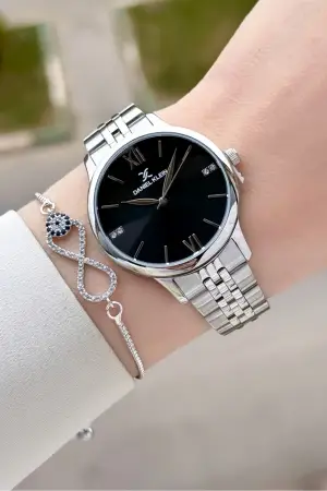 Gümüş Siyah Renk 35 mm Hediye Paketli Kadın Kol Saati ve Bileklik