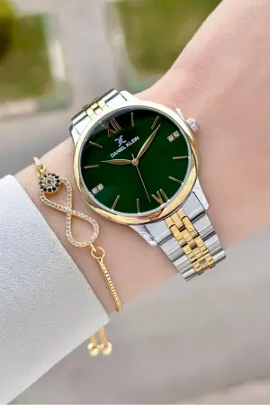 Kadranı Yeşil Kordonu Gold Gümüş Renk 35 mm Hediye Paketli Kadın Kol Saati ve Bileklik