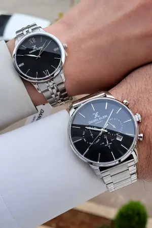 Kadranı Siyah Kordonu Gümüş Renk Sevgili Çift Kol Saati STISTE7