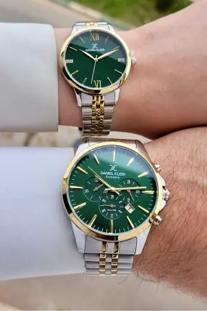 Kadranı Yeşil Kordonu Gold Gümüş Renk Sevgili Çift Kol Saati STISTE6
