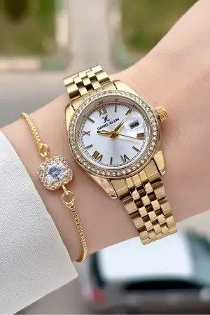 Gold Renk Hediye Paketli Kadın Kol Saati ve Hediye Baget Bileklik