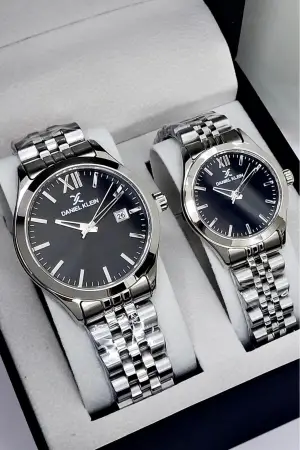 Kadranı Siyah Kordonu Gümüş Renk Hediye Paketli Sevgili Çift Kol Saati