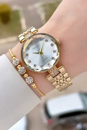 Gold Renk 32 mm Kadın Kol Saati ve Bileklik