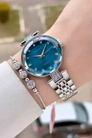 Kadranı Mavi Kordonu Gümüş Renk 32 mm Kadın Kol Saati ve Bileklik