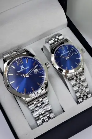 Kadranı Lacivert Kordonu Gümüş Renk Hediye Paketli Sevgili Çift Kol Saati STISTE30