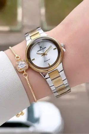 Gold Gümüş Renk 30 mm Hediye Paketli Kadın Kol Saati ve Hediye Bileklik