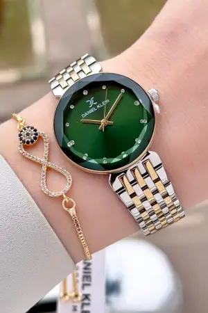 Kadranı Yeşil Kordonu Gold Gümüş Renk 30 mm Hediye Paketli Kadın Kol Saati ve Bileklik