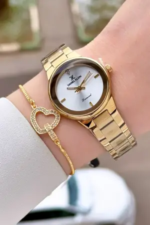 Pırlantalı Gold Renk 30 mm Hediye Paketli Kadın Kol Saati ve Bileklik