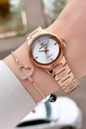 Pırlantalı Rose Renk 30 mm Hediye Paketli Kadın Kol Saati ve Bileklik