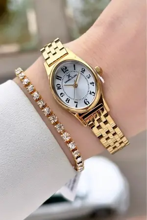 Gold Renk Rakamlı Kadın Kol Saati ve Bileklik