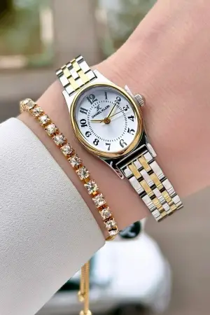 Gold Gümüş Renk Rakamlı Kadın Kol Saati ve Bileklik