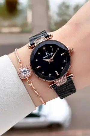 Kasası Rose Kordonu Siyah Renk 32 mm Kadın Kol Saati ve Bileklik