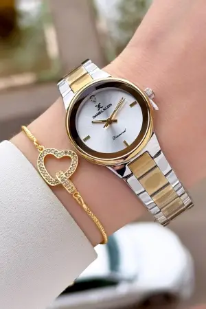 Pırlantalı Gold Gümüş Renk 30 mm Hediye Paketli Kadın Kol Saati ve Bileklik