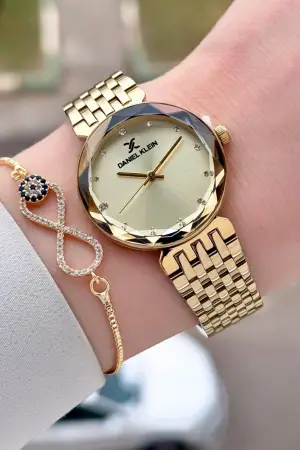 Gold Renk 30 mm Hediye Paketli Kadın Kol Saati ve Bileklik