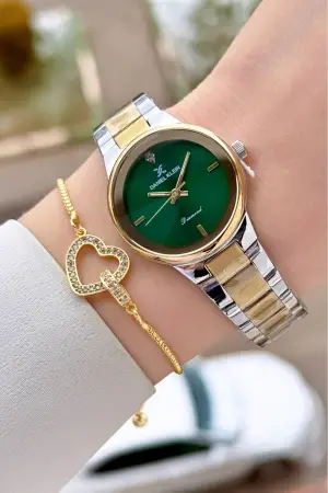 Pırlantalı Kadranı Yeşil Kordonu Gold Gümüş Renk 30 mm Hediye Paketli Kadın Kol Saati ve Bileklik